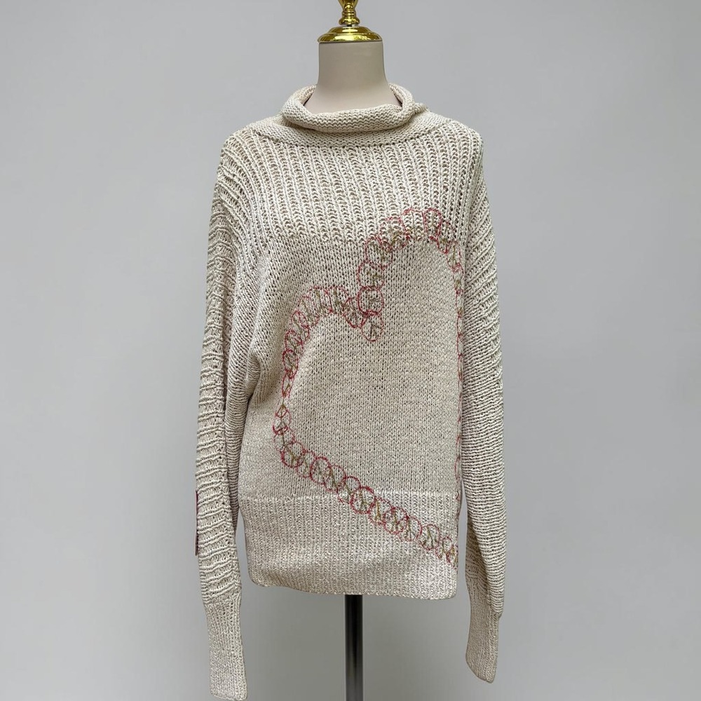 piece by Piece Roll Neck Chunky Knit Sweater Sz L Cream Heart Peace Sign Graphic